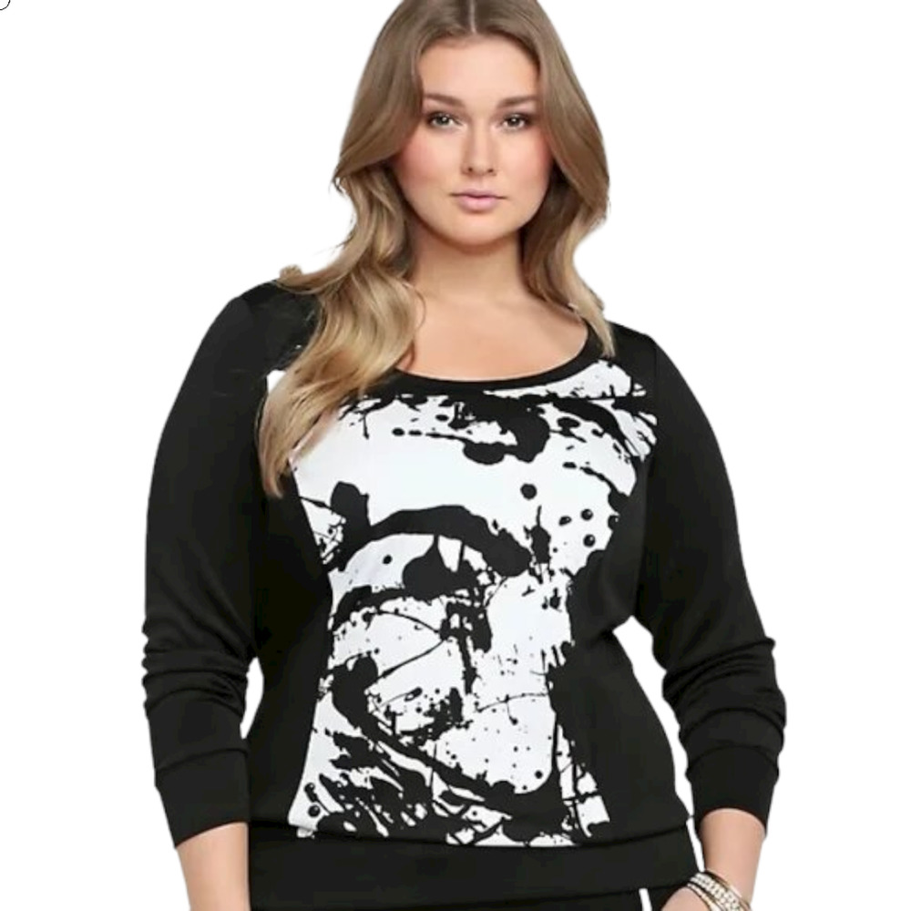 Torrid Size 2 2X  Splatter Scuba Pullover Sweatshirt Long Sleeves Black